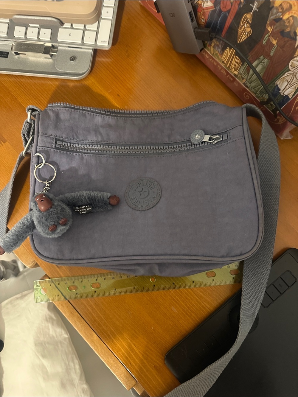 Kipling Slate Gray Crossbody Messenger Bag with Monkey Keychain